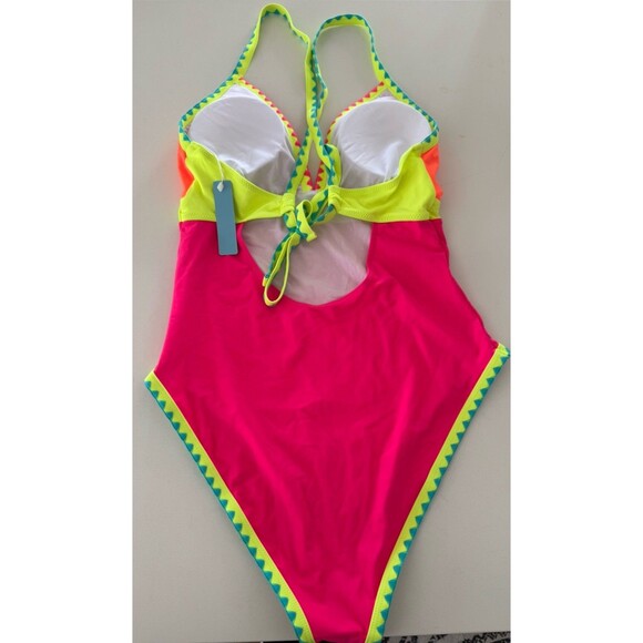 Popvil Neon Color Block One Piece Bathing Suit Women Tummy Control swimsuit L - Picture 8 of 15